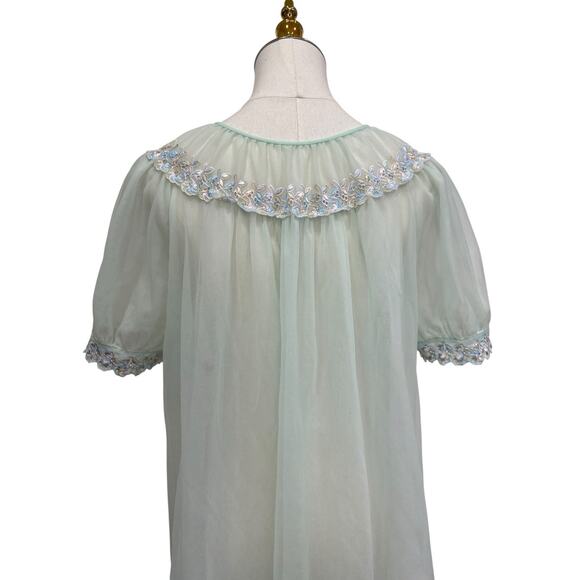 Vintage 50s Green Nylon Sheer Chiffon Embroidered Peignoir Dressing Robe Size L - Picture 6 of 8